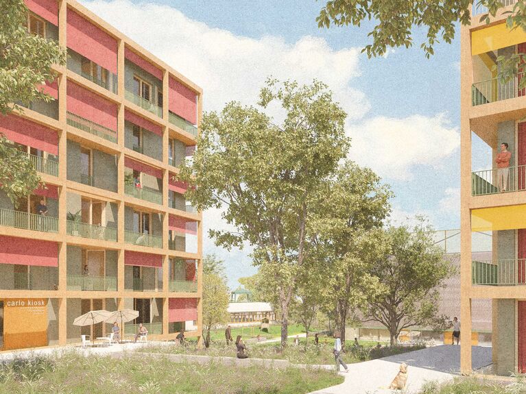 Neubau mit Balkonen, Menschen und Bäumen